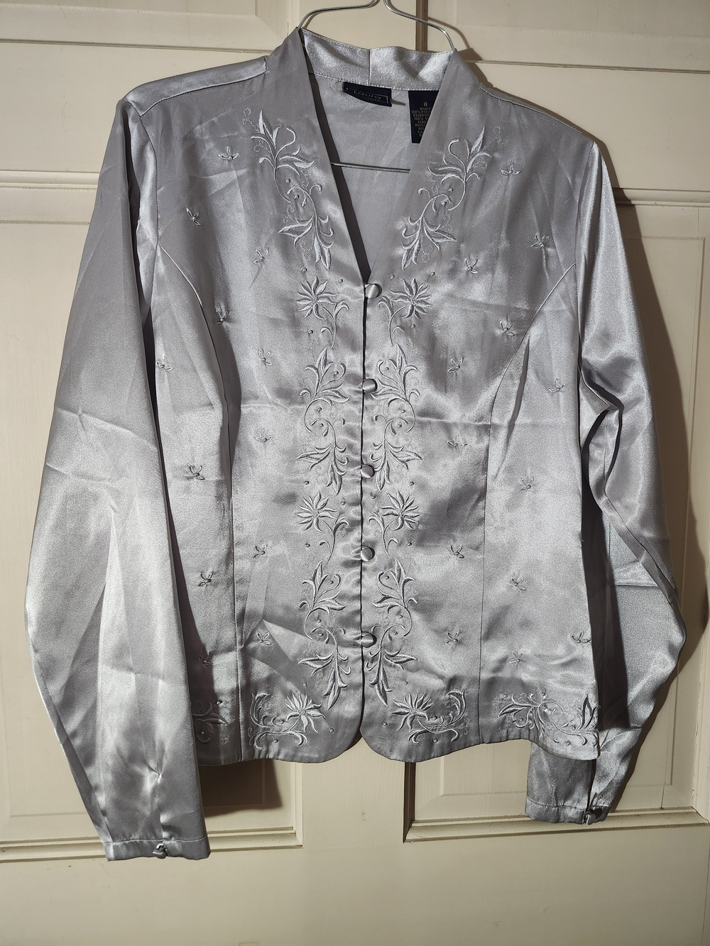 Laura Scott Silver Satin Feel Embroidered Button Up Blouse